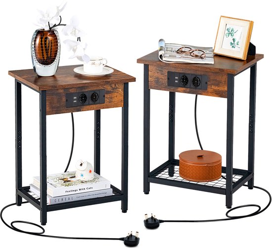 COSTWAY Beistelltisch mit Ladestation & USB Anschlüssen, 2er Set Sofatisch C-Form, Nachttisch mit Seitentasche, 40 x 30 x 60 cm, Vintage