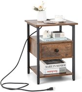 COSTWAY Table de chevet avec station de charge et tiroir, table de chevet avec étagères ouvertes, table de nuit, table d'appoint pour chambre, salon, 40 x 40 x 55 cm