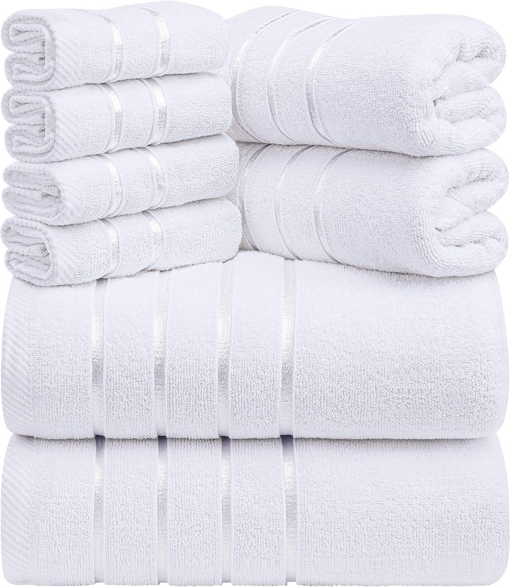Famanu - 8-delige luxe handdoekenset, 2 badhanddoeken, 2 handdoeken en 4 washandjes, 97% ringgesponnen katoen zeer absorberend viscose streep handdoeken ideaal voor dagelijks gebruik (Wit)