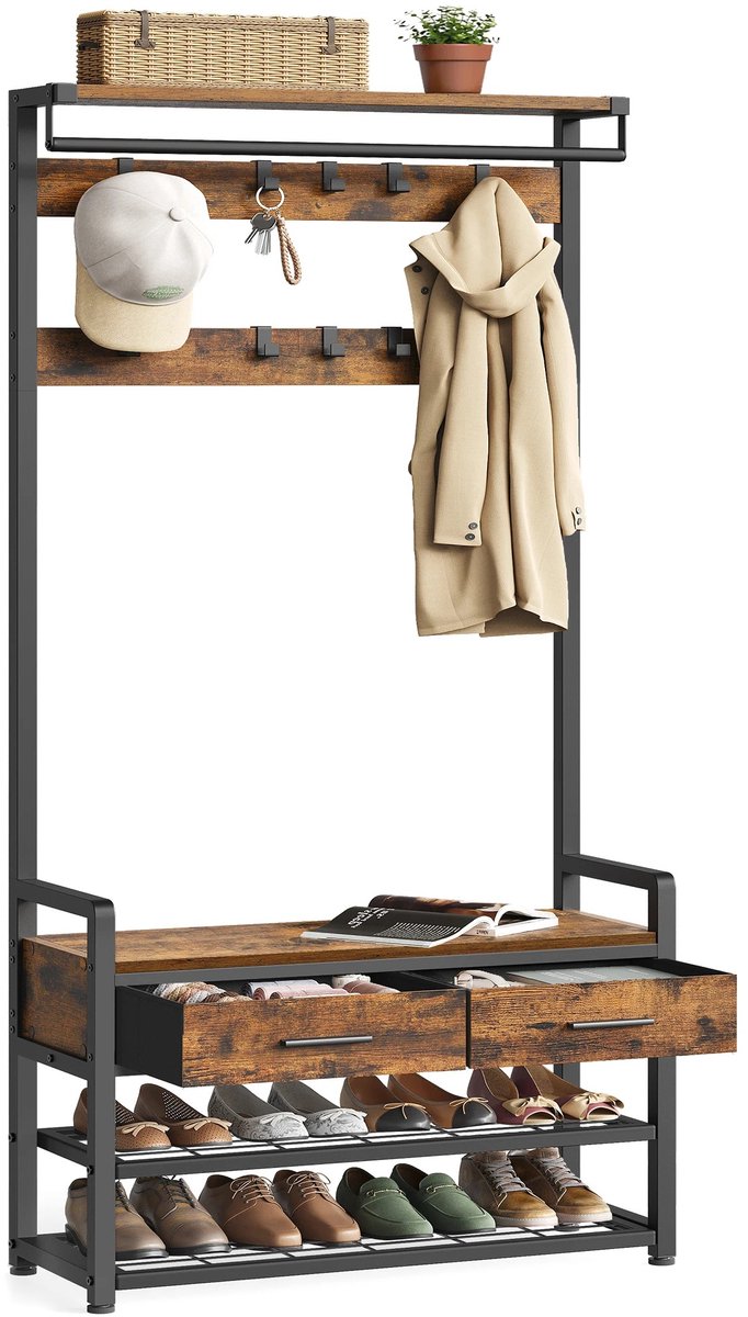 Mila Shop Kapstok met schoenenrek - Garderoberek - Kapstok - Kledingrek - Schoenenrek met 2 lades - Bruin/inktzwart - 30x80.4x181.6cm
