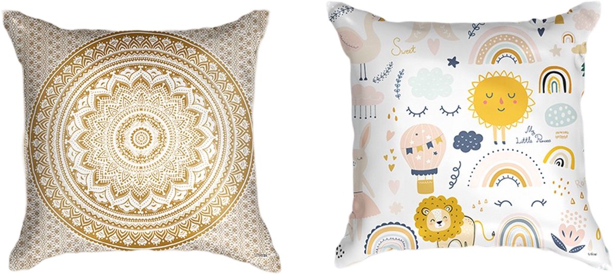Ulticool - Kussenhoes - Regenboog Dieren Kinderkamer Mandala Hippie - Set van 2 Kussens Exclusief Kussenvulling - Sierkussens 45x45 cm - Sierkussenhoes Accessoires - Kussentjes Bank Decoratie Woonkamer Slaapkamer Kinderkamer Babykamer - Goud
