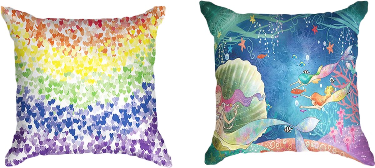 Ulticool  - Kussenhoes - Regenboog Hartjes Zeemeermin - Set van 2 Kussens - Exclusief Kussenvulling - Sierkussens 45x45 cm - Sierkussenhoes Accessoires - Kussentjes Bank voor Decoratie Woonkamer Slaapkamer Kinderkamer Babykamer Meisje Jongen