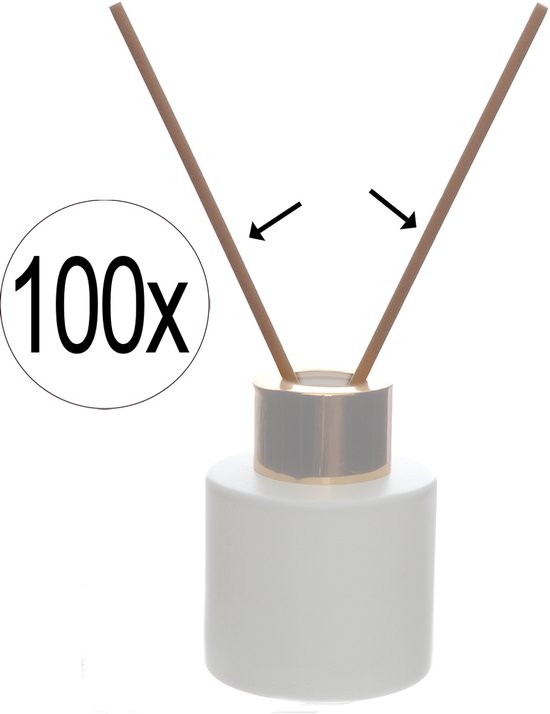 Witte diffuserfles met gouden ring en 100 bruine geurstokjes. Cirkel met '100x'.