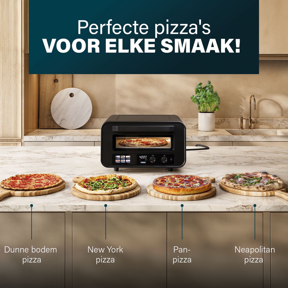 Princess 112780 Pro Max Pizzaoven - 400°C - 2100W - 15 Liter Tafelmodel Met Natuurstenen Pizzasteen Digitale Bediening Zwart