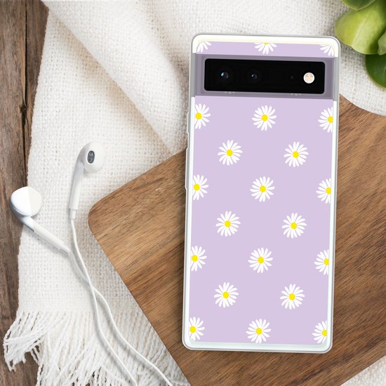 Coque de téléphone compatible avec Google Pixel 6 - Marguerites - Pastel - Wit - Violet - Fleurs - Coque en Siliconen