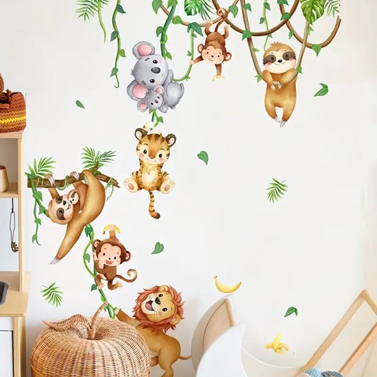 Jungle Dieren Klimmen Boom Muurstickers Aap Leeuw Koala Tijger Muurtattoo Baby Kinderkamer Babykamer Slaapkamer Wanddecoratie