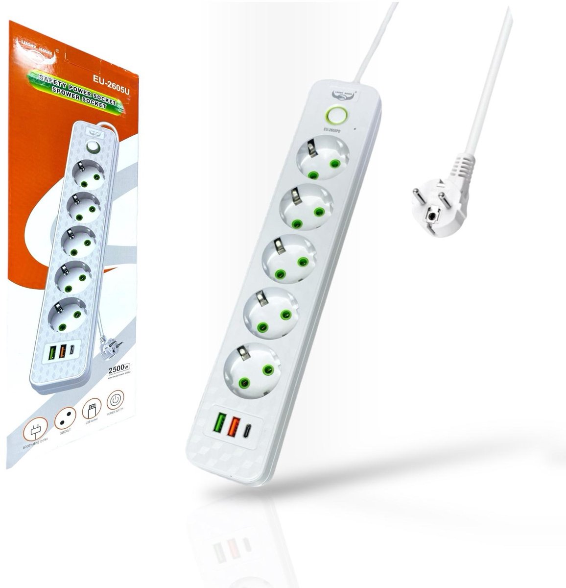 Stekkerdoos met 5 Stopcontacten, 2 USB-poorten + 1 USB-C – 3 Meter – Wit – Lucky Hawk - aan/uit schakelaar - wandmontage