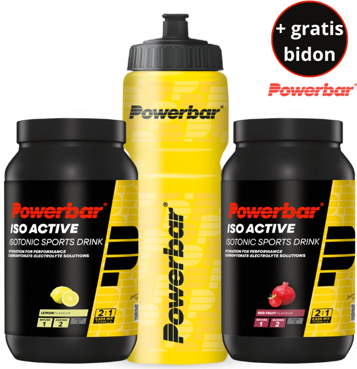Goedkoopste Powerbar sportdrank | Iso Active | GRATIS Powerbar bidon | 1x Lemon & 1x Red Fruit | 2x 600 gram - 2x9 liter