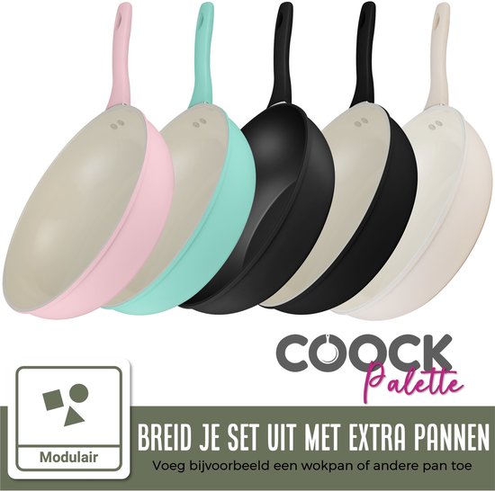 Cinq poêles dans des couleurs pastel : rose, menthe, noir, crème et blanc.