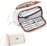 LIXIN Etui - Pink Grid - Pennenzak voor jongens en meisjes - Canvas - Linnen - Grote capaciteit - School etui - Etui voor kinderen en volwassenen - School - Terug naar school - Back to school - Leuke telescopishe pennenhouder - Leuk etui - Cadeau