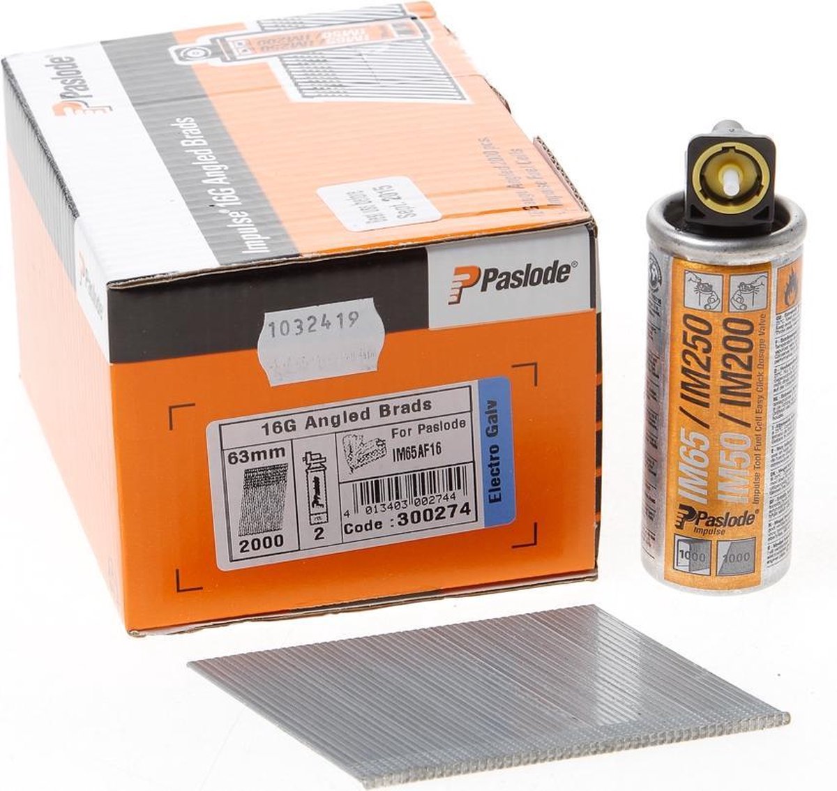 Paslode afwerknagel verzinkt schuin AF16 x 63mm inclusief gas IM65 doos met 2000 nagels