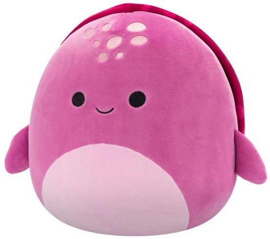 Roze zeeschildpad knuffel met lichtroze buik en stippen op de kop.