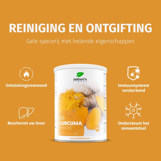 Blik biologisch kurkumapoeder met iconen die voordelen tonen: ontstekingsremmend, beschermt lever, versterkt immuunsysteem, ondersteunt zenuwstelsel.