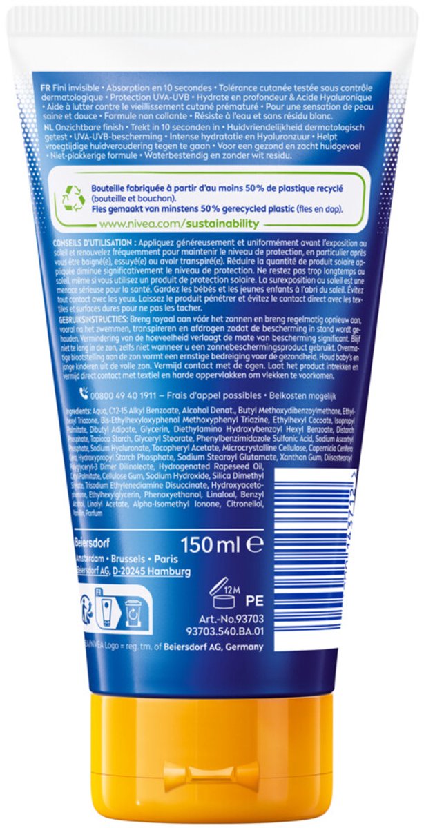 NIVEA Sun Protect & Hydrate Zonnecrème Invisible Finish SPF 50+ - 2 x 150 ml - Voordeelverpakking