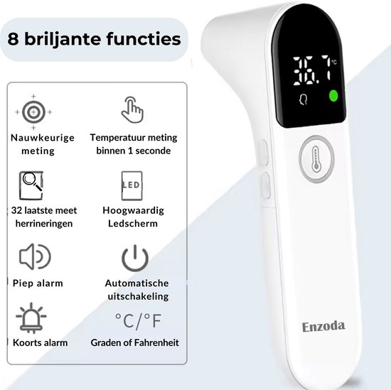 Enzoda Thermometer - Oorthermometer Baby's, Kinderen en Volwassenen - Koortsthermometer - Infrarood Thermometer - NL Handleiding - Inclusief 2 batterijen