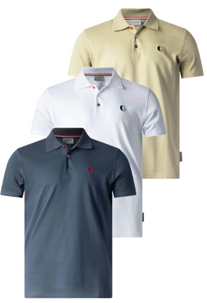 3 luxe heren piqué poloshirt's - Gentlemen - korte mouw - blauw, wit en groen - maat XL