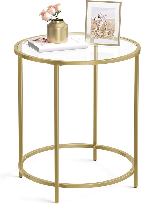 Table d'appoint ACAZA - Table d'appoint ronde - Goud - Verre trempé avec cadre en métal doré - Petite table basse en verre