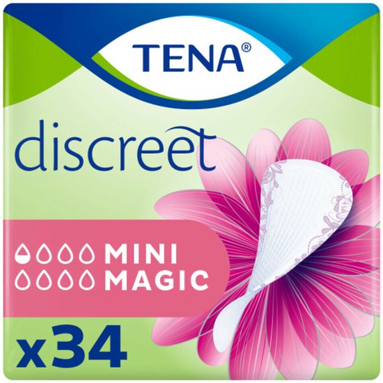 TENA Discreet Mini Magic verpakking met 34 stuks, afgebeeld op een roze bloem.