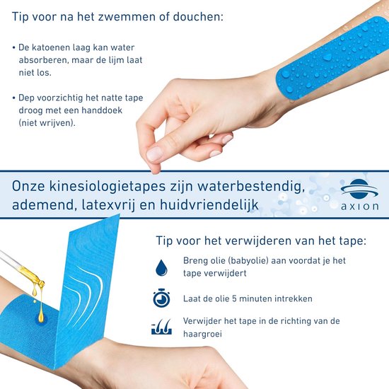 Illustratie van blauwe kinesiotape op een hand, met tips voor gebruik na zwemmen/douchen en verwijdering.