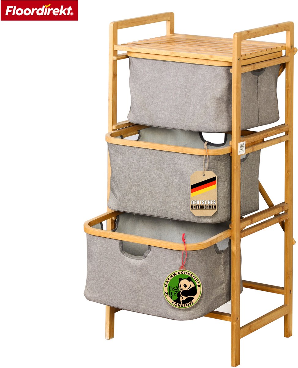 FLOORDIREKT Wasmand Missouri - Bamboe Wasverzamelaar - Met 3 Vakken - Voor Vuile Was - Houten Wassorteerder Met Wasbox - Grijs & Bamboe-Kleuren