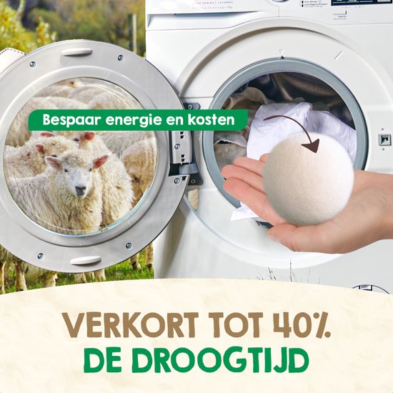 Main tenant une boule de séchage en laine près d'une machine à laver ouverte, avec des moutons à l'intérieur. Texte sur la réduction du temps de séchage.