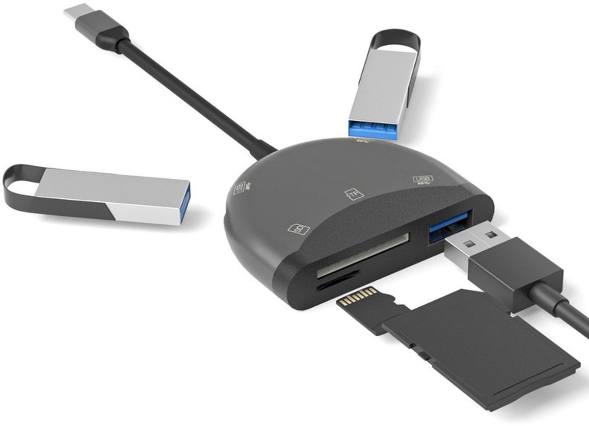 Image of 5 IN 1 USB-C naar 3X USB Female + SD + Micro-SD (tf) adapter kabel docking hub - kaartlezer - voor o.a. telefoon en laptop - zwart