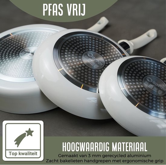 Drie witte koekenpannen met gerecycled aluminium en ergonomische handgrepen.