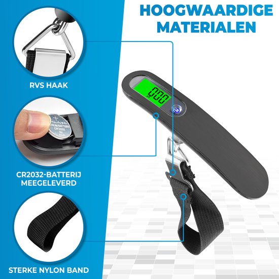 Gedetailleerde afbeelding van een zwarte digitale kofferweegschaal. Toont RVS haak, CR2032 batterij en sterke nylon band.