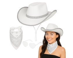 Cowboy Hoed Set - 3-delig - Wit - Mannen & Vrouwen - Western Verkleed - Bandana & Bril - Party / Cosplay