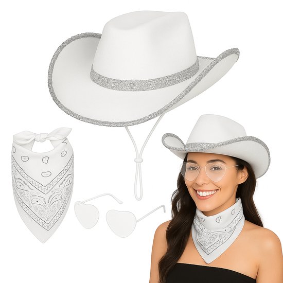 Set chapeau de cowboy - 3 pièces - Wit - Homme et femme - Déguisement Western - Bandana et lunettes - Fête/Cosplay
