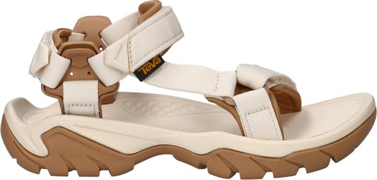 Sandales Teva crème avec détails marron, brides et logo Teva, vue de côté.