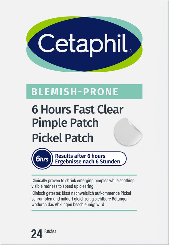 Een pakje Cetaphil Blemish-Prone pimperpleisters. Klinisch bewezen resultaten na 6 uur. Bevat 24 pleisters in 2 maten.
