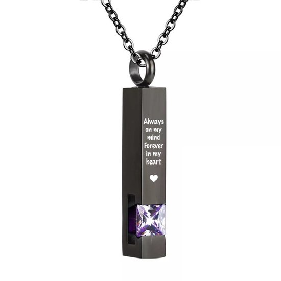 Luxe Ashanger | Met Ketting En Gravering | Always On My Mind Forever In My Heart | Assieraad | Zwart Met Licht Paarse Steen | As Ketting | Gedenksieraad | Urn | Incl. As vuller