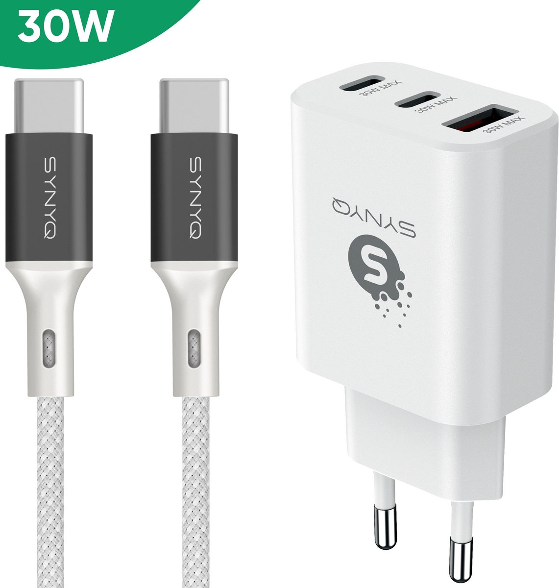 Synyq 30W GaN2 Snellader - 3 Poorten - 2m USB C oplaadkabel - Gecertificeerd - Snellader usb c - Usb c oplader - Usb c adapter - Usb c lader - Wit