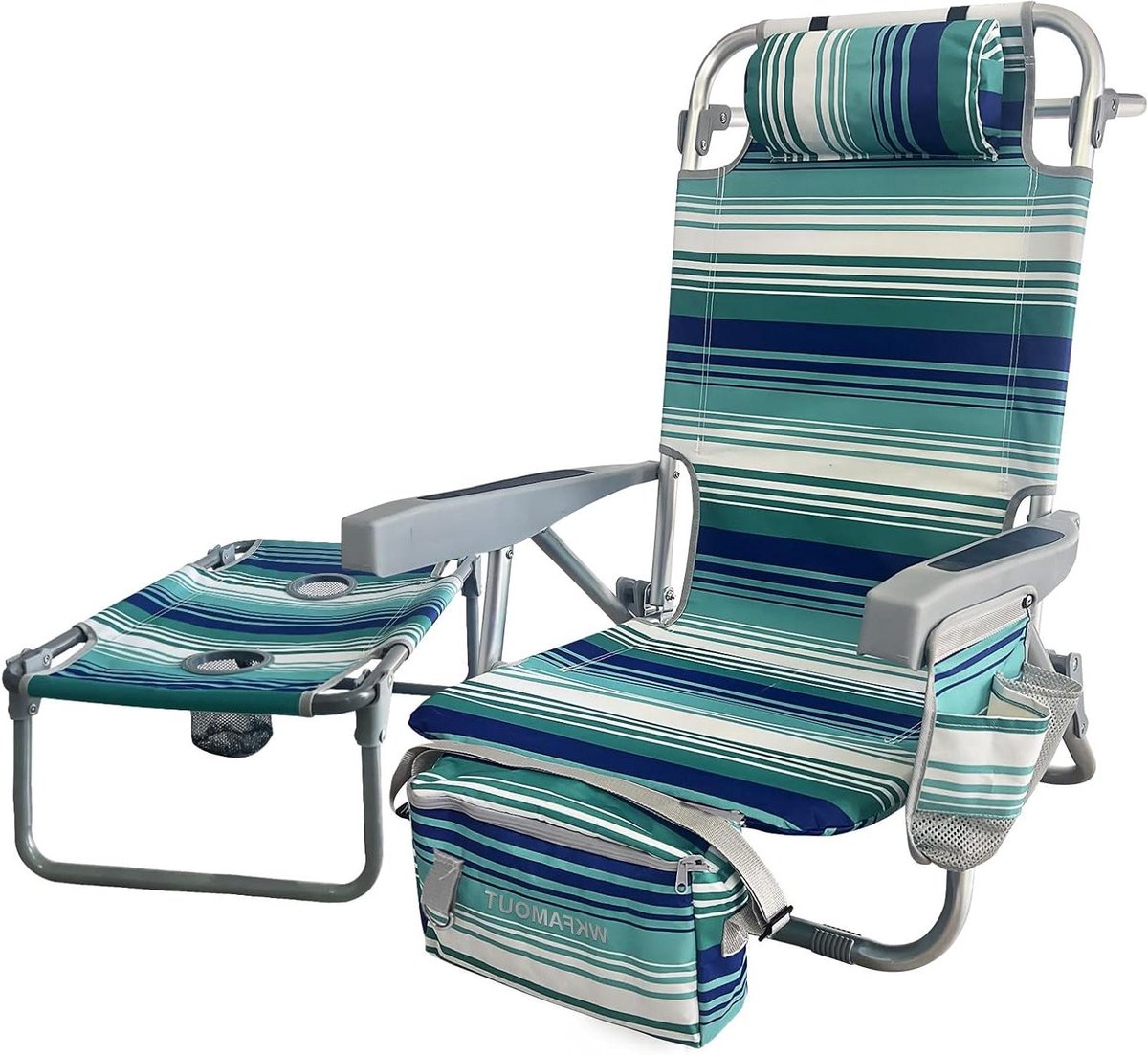 Strandstoel aluminium met opvouwbare campingtafel 5-posities leg platte loungestoel buiten voor volwassenen met geïsoleerde koeltas en bekerhouder rugzak.