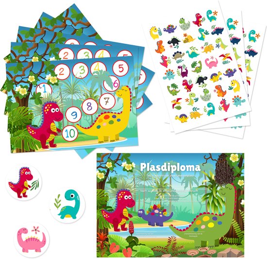 Beloningssysteem + Stickers + Plasdiploma - Beloningskaarten Dino's + Beloningsstickers - 3 Stickervellen + 5 Beloningskaarten - Beloningssysteem Kind - Zindelijkheidstraining Kind - Beloningssysteem Jongens - Beloningskalender - Geen Luiers Meer