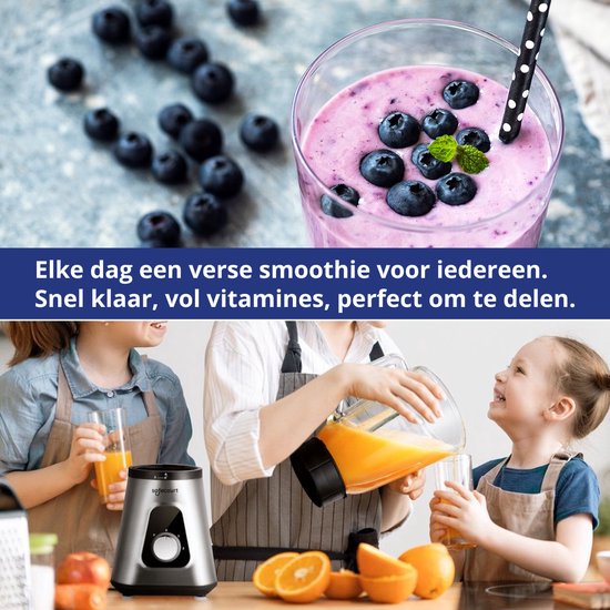 Kinderen kijken hoe orange juice wordt gemixt. Een smoothie met bosbessen staat ernaast.