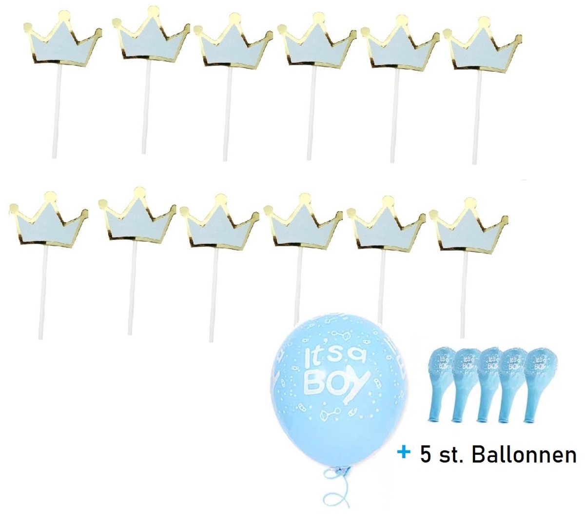 Gebak versiering Blauw -YOUHOMY versiering meisje- 12 stuks Boy prikkers+ 5 stuks blauwe ballonnnen- cupcake prikker jongen - Verjaardagversiering Kroontje, Verjaardag cup cake topper - babyshower
