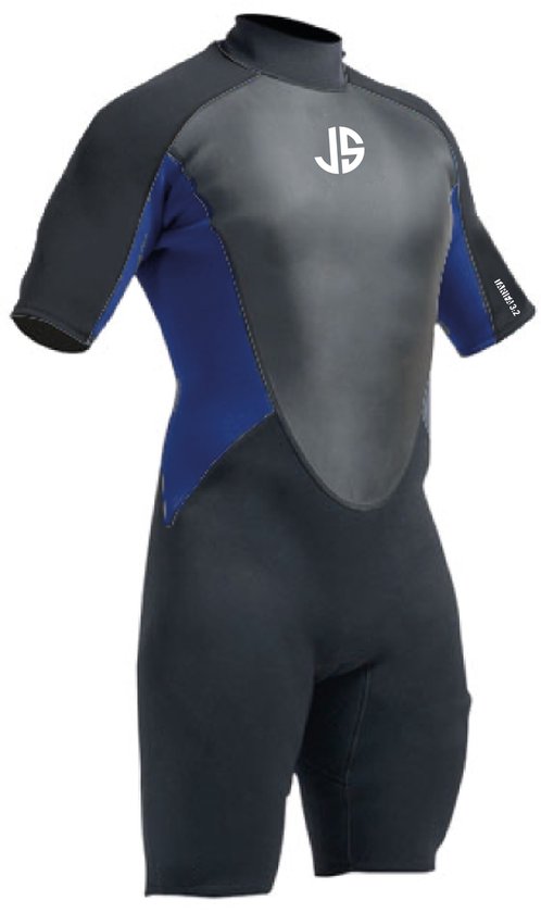 Donkergrijs shorty wetsuit met blauwe panelen op de schouders en zijkanten. JS logo op de borst.