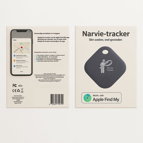 Zwarte Narvie tracker en verpakking met tekst 'Narvie-tracker Slim zoeken, snel gevonden' en 'Works with Apple Find My'.