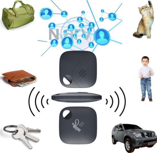 Grijze Narvie tracker omringd door objecten zoals een tas, portemonnee, sleutels, een auto en een kind.