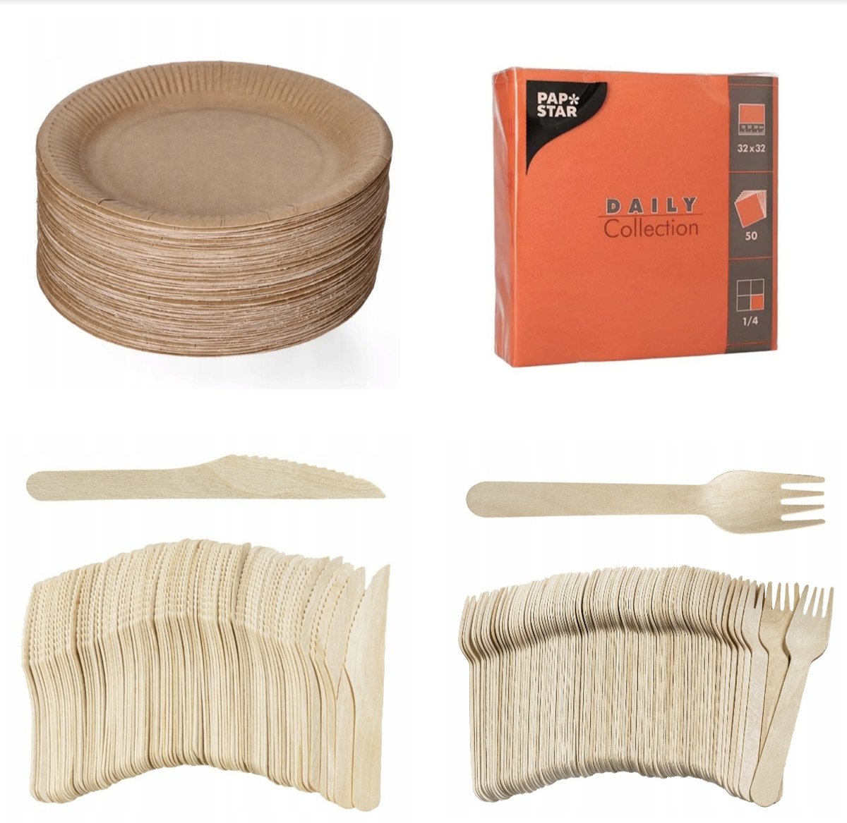 Image of 200 stuks x Houten wegwerp bestek set eco/milieubewust – 50 bruine kartonnen borden 23cm + 50 Vorken 16cm + 50 messen 16cm+ 50 servetten oranje 32x32cm Feest/verjaardag/BBQ picknick