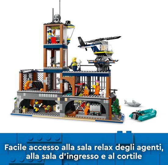 LEGO City Politiegevangeniseiland met relaxruimte voor agenten, entreehal en binnenplaats.