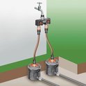 Diagram van GARDENA waterverdeler met twee sproeiers onder de grond.