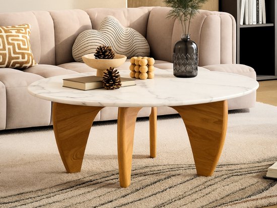 Salontafel Marmer - Eiken Hout - Marmer Glas Rond - Tafel - Coffee table - Koffietafel