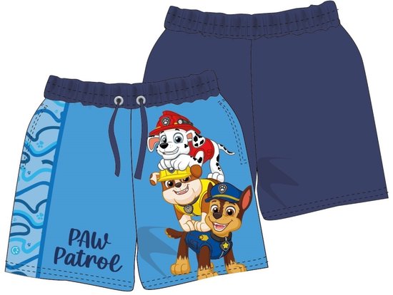 Lichtblauwe zwembroek met Paw Patrol print van Marshall, Chase en Rubble. Elastische tailleband met koord. Achterkant effen donkerblauw.