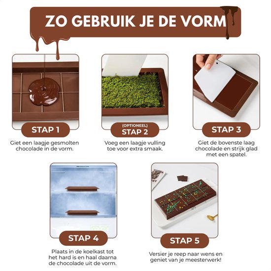 Instructies voor het maken van chocolade met een bruine siliconen chocoladevorm: vullen, vullen met garnering, gladstrijken, koelen en versieren.