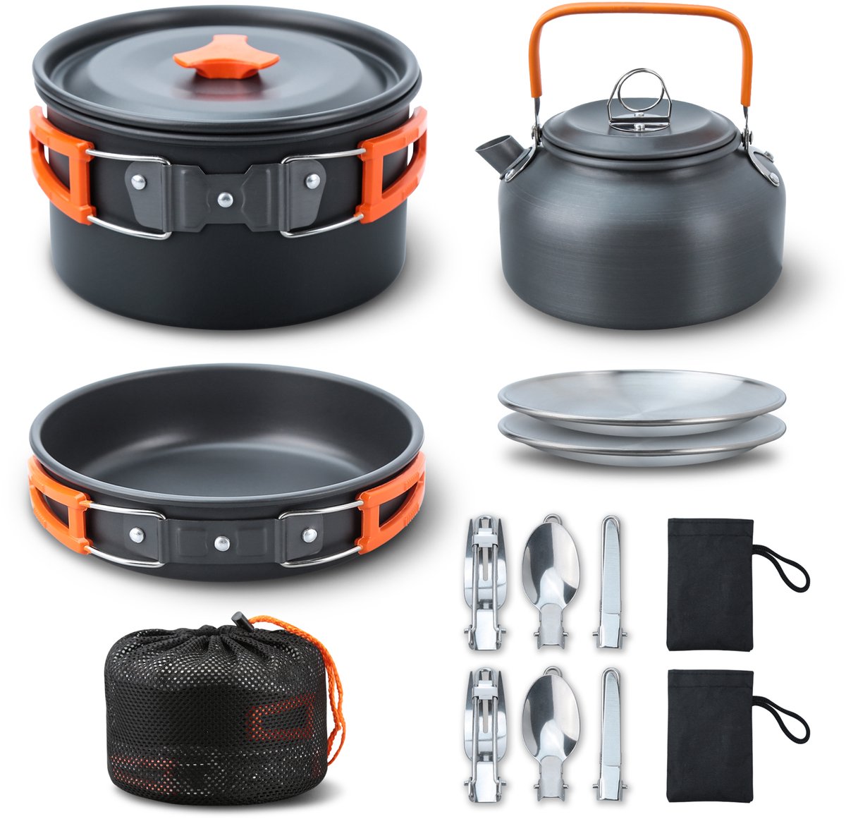 Camping Kookset 16-delig – Outdoor Kookgerei met Pan, Koekenpan & Waterketel – Nestbaar & Lichtgewicht – Geschikt voor 2–3 Personen – Oranje Handgrepen