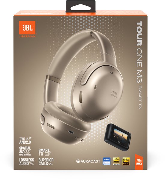 Verpakking van de gouden JBL Tour One M3 Smart Tx koptelefoon, met afbeelding van de koptelefoon.