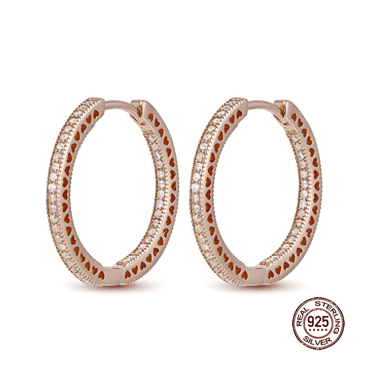 Oorbellen - 925 sterling zilver - rosé goudkleurig - oorring - zirkonia - 25 mm